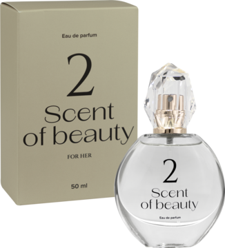 Scent of beauty N°2 woda perfumowana dla kobiet. Okrągła butelka z fasetowaną nakrętką i beżowe pudełko.