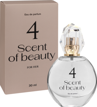Scent of beauty N°4 woda perfumowana dla kobiet 30ml. Okrągła, przezroczysta butelka z atomizerem i beżowe pudełko, widok z przodu.