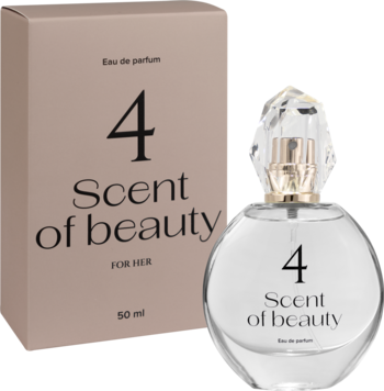 Woda perfumowana Scent of beauty N°4 dla kobiet, 50 ml, w okrągłej butelce obok jasnobrązowego kartonika.