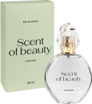 Scent of beauty 30ml, woda perfumowana dla kobiet w szklanym flakonie i zielonym pudełku, widok z przodu.