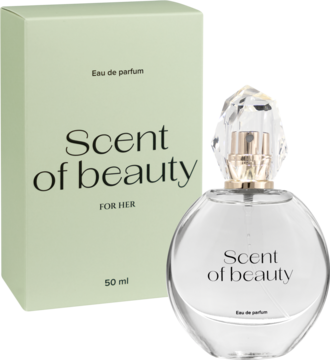 Woda perfumowana Scent of beauty dla kobiet: zielone pudełko i przezroczysta butelka 50ml, widok pod kątem.