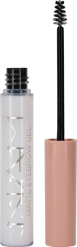 Otwarty bezbarwny żel do brwi NAM Matte Eyebrow Gel z czarną szczoteczką, butelka z białym napisem.