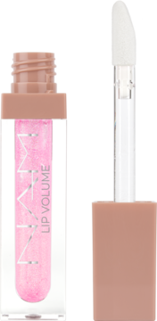 NYX Lip Volume błyszczyk powiększający, różowy z brokatem, z aplikatorem Jumbo obok otwartej butelki.