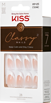 KISS Classy Nails French Tip sztuczne paznokcie, białe końcówki, beżowa baza, w opakowaniu 28 sztuk, widok z przodu.