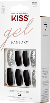 Białe pudełko z paznokciami KISS Gel Fantasy: długie, matowe czarne i błyszczące srebrne, klej w zestawie.