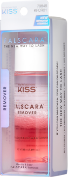 Falscara Remover KISS, butelka z różowym płynem w transparentnym opakowaniu, widok z przodu.