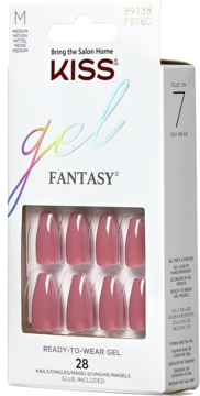 KISS Gel Fantasy sztuczne paznokcie, długie, różowy beż, w kształcie trumienek, w opakowaniu, widok z przodu.