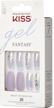 KISS Gel Fantasy długie sztuczne paznokcie w pudełku. Fioletowe, brokatowe i opalizujące, widok z przodu opakowania.