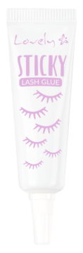 Biała tubka kleju do rzęs Lovely Sticky Lash Glue, z fioletowymi napisami i rysunkami rzęs.