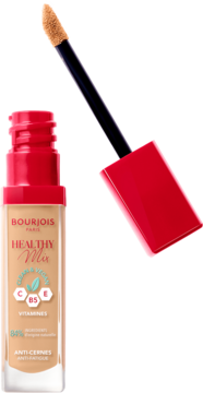 Bourjois Healthy Mix Clean korektor, beżowa butelka z czerwoną zakrętką, aplikator z produktem pod kątem.