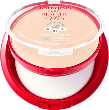 Wegański puder matujący Bourjois Healthy Mix Clean w otwartym, czerwono-przejrzystym kompakcie z białym puszkiem.