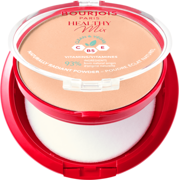 Matujący puder Bourjois Healthy Mix Clean w otwartym, czerwonym kompakcie. Jasnobeżowy, z witaminami i aplikatorem.