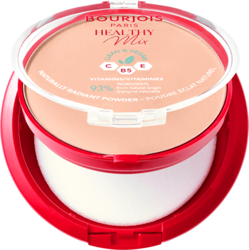 Otwarty matujący puder Bourjois Healthy Mix Clean, beżowy, z witaminami i puszkiem, widok z góry.