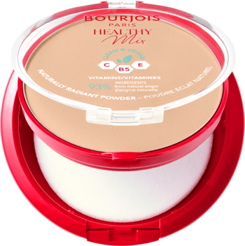 Bourjois Healthy Mix Clean, matujący puder prasowany w otwartym, czerwonym kompakcie z białym aplikatorem.
