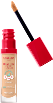 Bourjois Healthy Mix Clean korektor pod oczy w jasnym odcieniu, z wysuniętym aplikatorem z beżowym płynem.