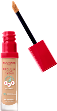 Beżowy korektor Bourjois Healthy Mix Clean w szklanej butelce z czerwoną zakrętką i wyciągniętym aplikatorem.