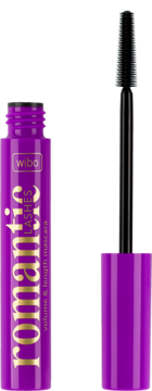 Fioletowy tusz do rzęs WIBO Romantic Lashes volume & length, otwarty, z czarną szczoteczką.