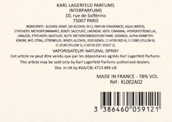 Tylna etykieta damskiej wody perfumowanej Karl Lagerfeld, beżowe tło. Widoczne składniki, kod kreskowy, Made in France.