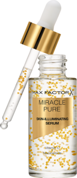 Max Factor Miracle Pure rozświetlające serum, butelka ze złotymi perełkami, wit. C, niacynamid, widok z przodu.