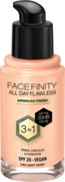Podkład Max Factor Facefinity All Day Flawless C40 Light Ivory 3w1, z pompką, widok z przodu.