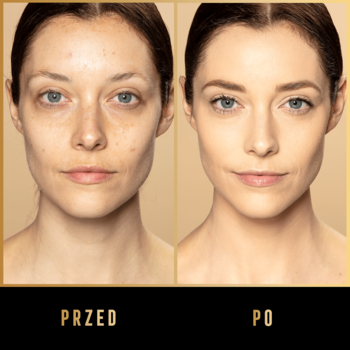 Widok przed i po nałożeniu podkładu Max Factor Facefinity All Day Flawless, wygładzającego i matującego skórę.