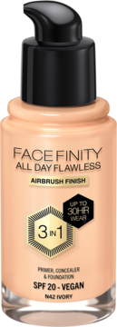 Podkład Max Factor Facefinity All Day Flawless N42 Ivory 3w1, SPF 20, widok butelki z przodu.