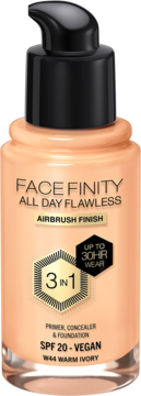 Kryjący podkład w płynie Max Factor Facefinity All Day Flawless W44 Warm Ivory, wegański, widok z przodu.