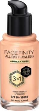 Max Factor Facefinity All Day Flawless N45 Warm Almond, matujący podkład 3w1, SPF 20, widok z przodu.