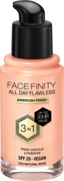 Max Factor Facefinity All Day Flawless C50 Natural Rose, wegański podkład 3w1, w butelce z pompką.