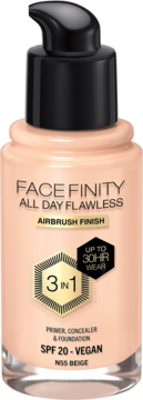 Max Factor Facefinity All Day Flawless matujący podkład N55 Beige, butelka z pompką, widok z przodu.