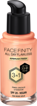 Max Factor Facefinity All Day Flawless foundation C64 Rose Gold, peachy glass bottle z czarną pompką, widok z przodu.