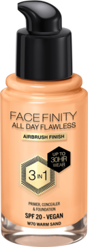 Max Factor Facefinity All Day Flawless podkład 3w1 SPF 20 W70 Warm Sand, butelka z pompką, widok z przodu.