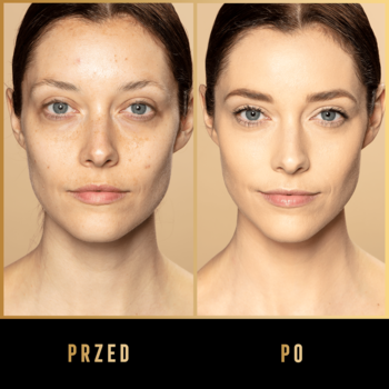 Max Factor Facefinity All Day Flawless: porównanie twarzy kobiety przed i po aplikacji matującego podkładu.