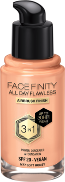 Kryjący podkład Max Factor Facefinity All Day Flawless Soft Honey w szklanej butelce z pompką, widok z przodu.