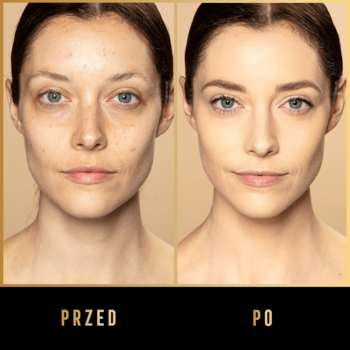 Matujący podkład Max Factor Facefinity: efekt przed i po nałożeniu, cera kobiety wygładzona, bez niedoskonałości.