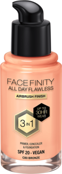 Max Factor Facefinity All Day Flawless C80 Bronze foundation, glass bottle with pump, 3-in-1 vegan SPF 20.