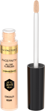 Max Factor Facefinity All Day Flawless concealer, otwarta butelka z beżowym płynem i wyjętym aplikatorem obok.