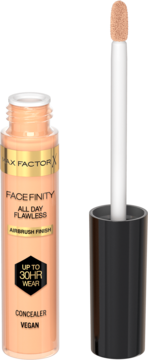 Max Factor Facefinity All Day Flawless Concealer, peach bottle, open, applicator with light beige product, Up to 30HR Wear.