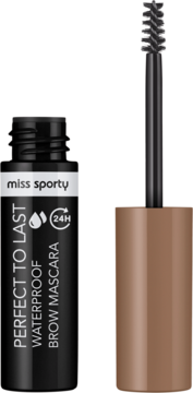 Miss Sporty Perfect to Last wodoodporna maskara do brwi, otwarta czarna tuba i brązowy aplikator.
