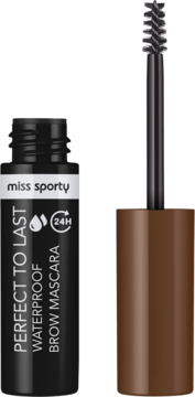 Miss Sporty Perfect to Last Brow Mascara waterproof 24H, czarna butelka z brązowym pędzelkiem wysuniętym.