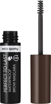 Miss Sporty Perfect to Last wodoodporny tusz do brwi 24H, czarna tubka otwarta z aplikatorem obok.