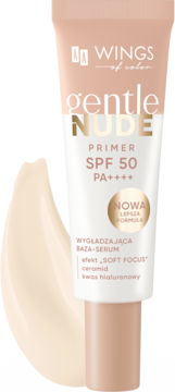 AA WINGS gentle NUDE primer SPF 50 w beżowej tubce, z wygładzającą bazą obok, efekt soft focus.