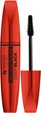 Czerwony tusz do rzęs Wings of Color No-Limit Volume Deep Black z wyjętą silikonową szczoteczką.