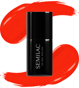 Czarne opakowanie lakieru Semilac 446 Yolo Orange UV Gel Polish, widok z przodu na tle pomarańczowej smugi.