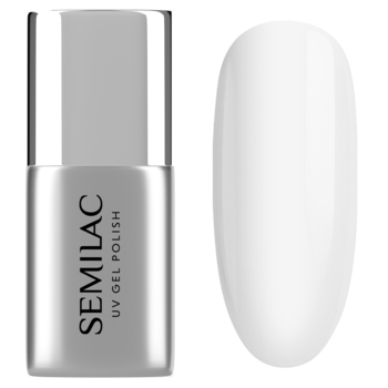 Srebrna butelka Semilac UV Gel Polish top coat brokatowy i biały wzornik koloru na ciemnym tle.