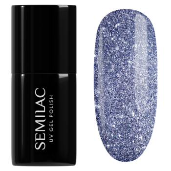 Semilac UV Gel Polish Flash, czarna butelka i swatch błyszczącego fioletowo-niebieskiego lakieru z multikolorową drobiną.