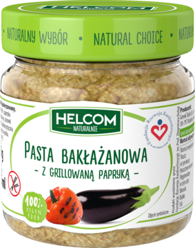 Słoik pasty bakłażanowej Helcom z grillowaną papryką, widok z przodu, zielona nakrętka.