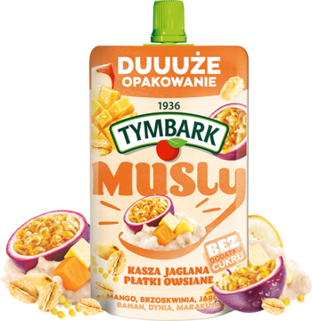 Pomarańczowo-beżowa saszetka Tymbark Musly, przecier owocowo-dyniowy bez cukru z kaszą i płatkami.