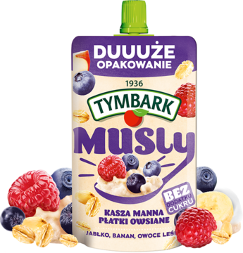 Tymbark Musly, fioletowa saszetka, duże opakowanie, mus wieloowocowy z kaszą manną i płatkami owsianymi, bez cukru.