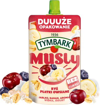 Frontalny widok dużej czerwono-kremowej saszetki Tymbark Musly, mus owocowy z ryżem i owsem, bez cukru.